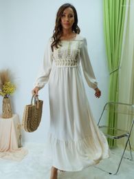 Ethnic Clothing Dubai Muslim Dress Abaya Vintage Embroidery Belted Kaftan Linen Square Collar Long Sleeve Caftan Marocain Islamic Women