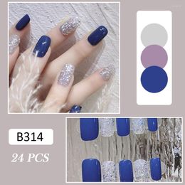 False Nails High Quality Glossy Blue Sparkle Art Design Short Full Cover Fingernails Finished Piece Artificial