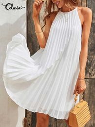 Casual Dresses Women Summer 2023 Mini Dress Oversize Sexy Pleated Dress Casual A-line Sundress O Neck Strap Sleeveless Party Short Robes T230210