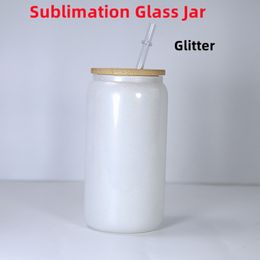 16oz Sublimation Glitter Glass Jar Beer Mugs Can Shaped Glass Cups Beer Can Glass Tumbler Drinking Glasses With Bamboo Lid And Reusable Straw