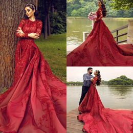 Wedding Dress Red A Line Dresses Jewel Neck Lace Long Sleeve Beaded Bridal Gowns Cathedral Train 3D Floral Appliques Robe