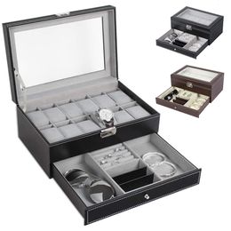 Watch Boxes Cases 2Tier 12 Slots Watch Box Storage Men Women PU Leather Watch Organiser Jewellery Display Case Organiser with Jewellery Drawer Gift 230214