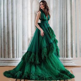 Green Feather Tiere Evening Dresses Bandage Back High Low Celebrity Clown Deep V Neck Womens Special OCN Dress 326 326