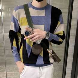 Men's Sweaters Trendy Men T-shirt Geometric Pattern Korean Pullover Sweatshirt Thin Fleece Asymmetrical Bottoming