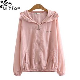 Outdoor T-Shirts UHYTGF Thin Sun Protection Clothing Summer Jacket Women Hooded Breathable Ice Silk Tops Female AntiUV 4XL Big Size Coat 1338 J230214