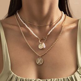 Pendant Necklaces Vintage Punk Imitation Pearl Round Figure Goddess Women Multilayer Geometric Chains Necklace Colar Jewelry