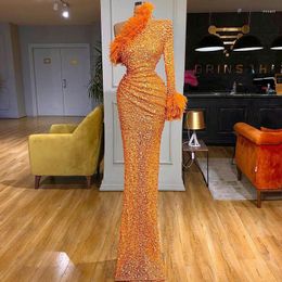 Party Dresses Sparkly Orange Prom Sexy Beading One Shoulder Sequined Mermaid Feather Evening Gowns Floor Length Formal Robes