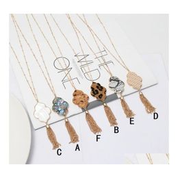 Pendant Necklaces Hexagon Abalone Shell Leopard Leather Necklace Metal Tassels Long Chain Sweater Geometric Jewellery Drop Delivery Pen Dhhga