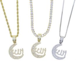 Chains Iced Out Silver Colour Muslims Choker Pave Zircon 3MM Tennis Chain Moon Pendant Necklace Women Men Hip Hop Jewellery