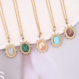 Pendant Necklaces Trendy Sun Flower Geometry Turquoise Natural Stone Necklace Stainless Steel Clavicle Chain Jewellery For Women Men