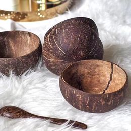 Bowls FANCITY 12-15cm Natural Coconut Bowl Set Wooden Salad Ramen Wood Spoon Coco Smoothie Kitchen Tableware