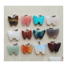 Charms Carved Butterfly Shape Assorted Natural Stone Crystal Pendants For Necklace Accessories Jewelry Making Drop Delivery Findings Dhxpp