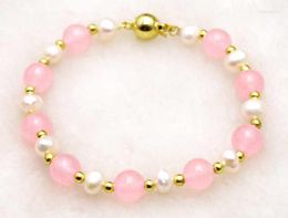 Strand Qingmos 6-7mm White Natural Freshwater Pearl 7.5'' Bracelets For Women With 8mm Round Pink Beads-bra318