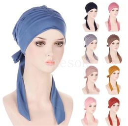 Pre-tied Muslim women's inner cap elastic headband long tail bow headband chemotherapy female hair loss cap wrap DF054