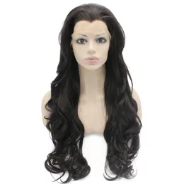 26" Extra Long Dark Brown Wavy Wig Heat Safe Synthetic Hair Wig Front Lace Wig