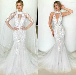 Wedding Dress Elegant Mermaid Dresses With Wraps Illusion High Collar Sleeveless Flower Lace Appliques Bridal Gowns