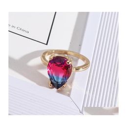 Cluster Rings Fashion Gold Plated Teardrop Gradient Pink Blue Glass Crystal Chromatic Geometric Ring For Women Jewelry Gift Drop Deli Dhdom