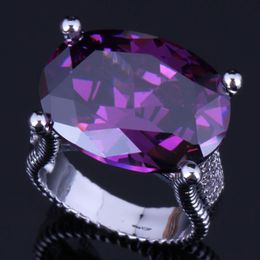 Cluster Rings Fancy Huge Oval Egg Purple Cubic Zirconia Silver Plated Ring V0575