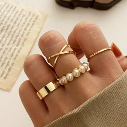 Wedding Rings Gold Silver Colour Pearl Set For Women Fashion Geometric Twist Hollow Open Ring Joint Finger Charm Jewellery