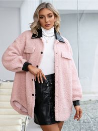 Womens Jackets Pu Lapel Single Breasted Cotton Coat Autumn Winter Mid Length Lined Fake Pocket Design Wool Woolen 230215