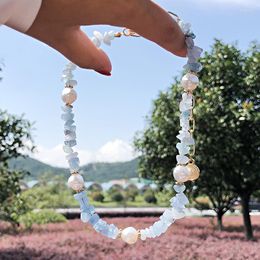 Chains KOMi Creative Handmade Gravel Chain Aquamarine Stones White Imitation Pearl Necklace Female Prom Event Decoration Gift