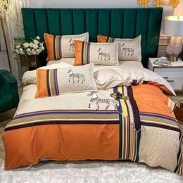 Bedding sets 4pcsset Luxury Plaid Bedding Set Bed Linen Cotton Duvet Cover Pillowcase Bedspread On The Bed Horse Bed Sheet Set Fitted Sheet 230214