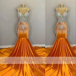 2023 Mermaid Prom Dresses Orange Arabic Sheer Neck Crystal Beading Illusion Sleeveless Evening Formal Party Gowns Sweep Train Plus Size