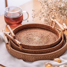 Plates Storage Tray Bread Hand-Woven Basket Rattan Woven Snack Cracker Tea Fruit Plate El Essential Oil With Handle