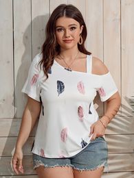 Women's Plus Size T-Shirt Finjani Plus Size Feather Print Asymmetrical Neck Tee Women Casual Colorblock Short Sleeve Loose T-Shirt 230215