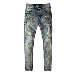 Men's Jeans Ripped Motorcycle Classic Denim Style Women's Hand-painted Old Hand-woven to Do Fashion Washed Pants