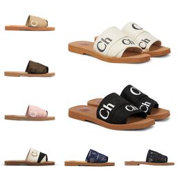 Desenhador Woody Chinelos Sandálias Para Mulheres Mules Flat Slides Light Tan Beige Branco Preto Rosa Marrom Renda Letras Tecido Lona Feminino Senhora