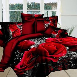 Mattress Pad 4pcset 3D Big Red Rose Floral Bedding Sets Wedding Soft Duvet Cover Sheet Pillow Cases Bed Set Queen Bed Linen 230214