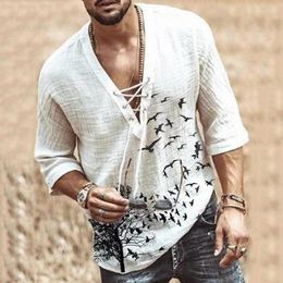 Men's T Shirts SENBAO Men Fashion Hippie Linen Shirt Casual Middle Sleeve V Neck Summer Beach Loose Tee Tops Solid Colour