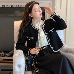 Womens Jackets Autumn French Style Small Fragrance Short Black Retro Hepburn style Round Neck Solid Korean Top Female Outwear 230215