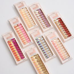 Short Almond Nails Set of 24 PCS Press on Glitter Fake Fingernails Striped Full Cover Laser Colour False Nails