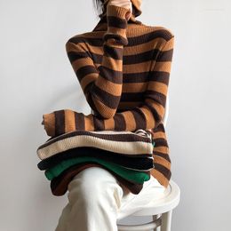 Women's Sweaters Long-Sleeved Stretch High-Neck Striped Sweater Women's Winter 2023 Fashion Style Self-Cultivation Pile Collar Base