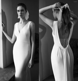 Wedding Dress 2023 Simple Satin Silk Mermaid Dresses Sexy V Neck Backless Bridal Gowns Plus Size Sweep Train