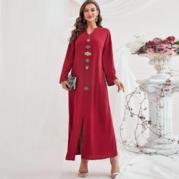 Ethnic Clothing Long Dress 2023 Women Abaya Diamond Slim Ramadan V-Neck Sleeve Elegant Female Casual Robe Red Turkish Wears