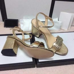 Women Leather Sandals High Heels Shoes Double Gold-toned Hardware Real Leather Ankle Strap Sandals Dress Wedding Shoes 7.5 /10.5 Cm With Box NO21