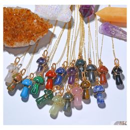 Pendant Necklaces Luxurious Mushroom Carved Stone Gemstones Charms Wire Wrap Women Healing Crystals Figurine Necklace Jewellery Drop D Dhqvc