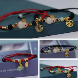 12Pcs Chinese Style Jade Rabbit Blessing Weave Bracelet For Women Charm Bunny Animal Bangle Jewellery Gifts