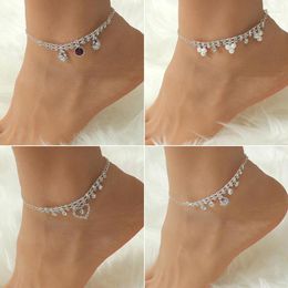 Anklets Rhinestone Tennis Chain Anklet For Women Girls Love Pendant Ankle Bracelet Bohemian Summer Beach Sandals Barefoot Foot Jewellery