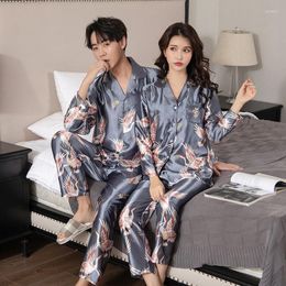 Women's Sleepwear Print Pyjamas Suit Couple 2PCS Sleep Set Nightwear Shirt&Pants Silky Bridal Wedding Gift Kimono Bathrobe Gown Casual