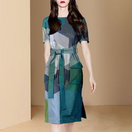Casual Dresses European and American Style Brand Dress Geometric Print Summer High-end Sense Lace Waist Elegant Lady Midi Dress Women 230215