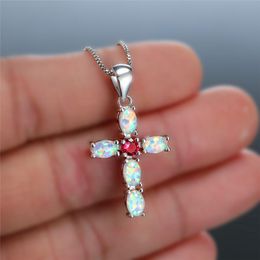 Pendant Necklaces Classic Silver Color Cross Necklace Boho Female White Green Opal Wedding Charm Zircon Chain For WomenPendant