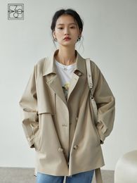 Womens Trench Coats ZIQIAO Japanese Turn down Collar Full Regular Sleeve Khaki Loose Straight Short Jakcet Office Lady Fabric Belt Coat 230215