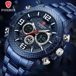 Wristwatches FOXBOX Carbon Fibre Case Sport Mens Watches Top Brand Luxury Quartz Watch For Men Military Waterproof Digital Wristwatch Clock 230215
