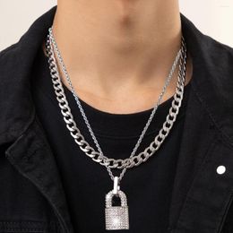 Pendant Necklaces Layered Chunky Chain With Rhinestone Lock Necklace Men Trendy Thick Stainless Steel Choker 2023 Fashion Jewellery