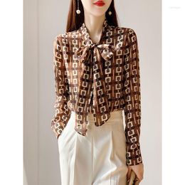 Women's Blouses Striped Printed Tree Long Sleeve Shirt Female Blouse Design 2023 Autumn Top Retro Bow Clothing Tops