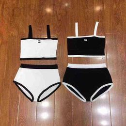 Women's Tracksuits Designer women summer Colour blocking letter backless one line collar knitted suspender simple sexy sleeveless short suit 6INP